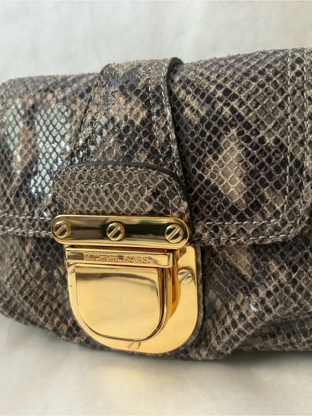Michael Kors Brown Snakeskin-Effect Clutch with Gold Hardware